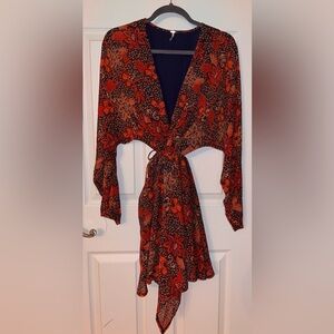 Free People Red and Blue Floral Long Sleeve Mini Dress Large